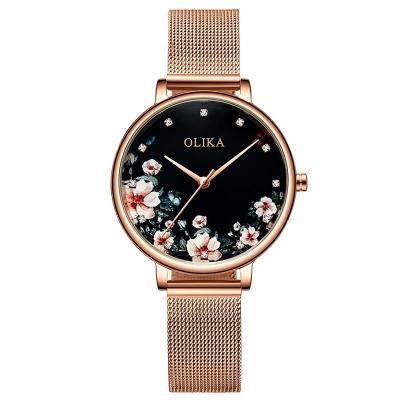 China High Quality New Style Alarm Ladies Wrist Watch Ladies Watch Strap Plated Rose Gold Mesh Band Flower Pattern Wrist Watch for sale