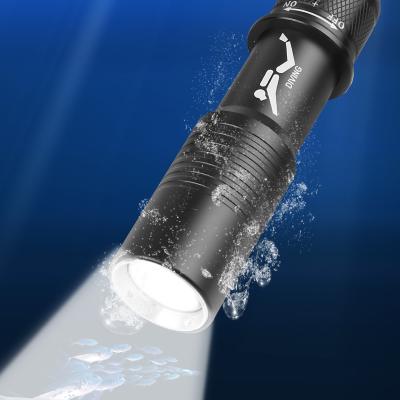 China Alluminum Alloy for Diving Flashlight Highest Waterproof Rating T6 Professional Diving Light IP68 Powered 18650 Battery with Hand Rope Diving Flashlight for sale