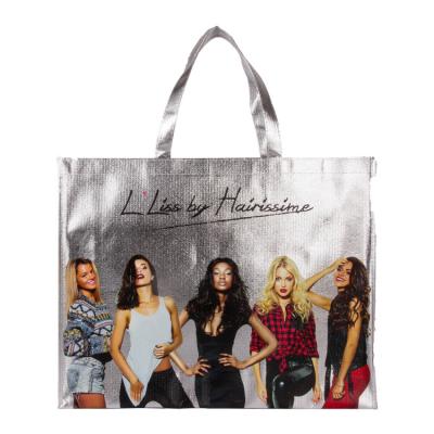 China Fashion Custom Strong Handle Metallic Laminated Non Woven Silver Tote Bag for sale