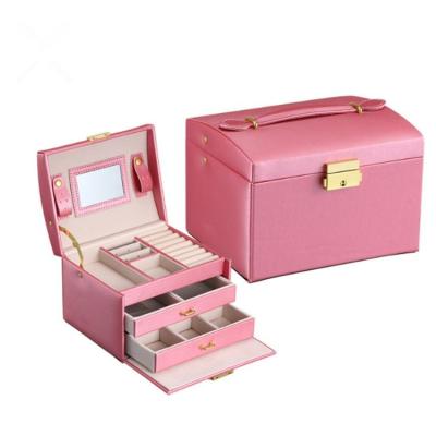 China Morden Wholesale Women Small Portable PU Leather Jewelry Box Mirror Travel Jewelry Case for sale