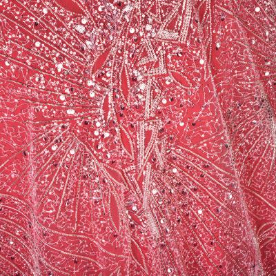 China Sequin 2022 Latest Viable 3d Laces Fabric Flowers Embroidered Tulle Beaded Lace Fabric for sale