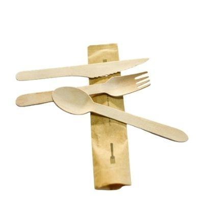 China Biodegradable Eco-friendly wooden cutlery individually paper wrapped wooden knife fork spoon 160mm for sale