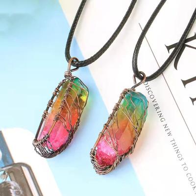 China AJ426 BOHEMIA Natural Rainbow Healing Crystal Pendant Necklace Wire Wrap Tree of Life Gold Necklace Set for sale