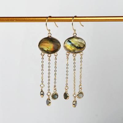 China BOHEMIA G2085 Gold Plated Oval Labradorite Faceted Tassels Dangle Earrings Vintage Gemstone Earrings for sale