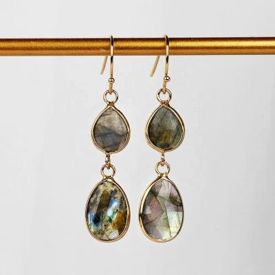 China Vintage G2087 Gold Plated Faceted Drop Labradorite Dangle Double Hook Earrings Women Teardrop Earrings for sale