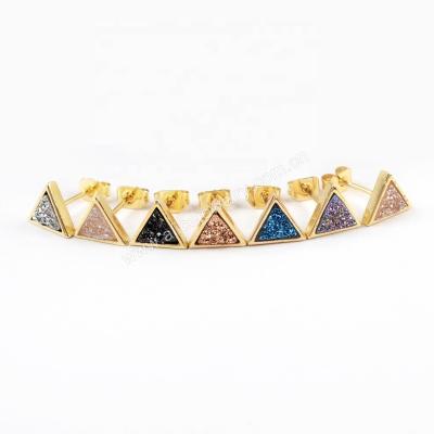 China 10 Years Experience ZG0279 Rainbow Gold Plated Bezel Triangle Small Titanium Druzy Stud Earring for sale