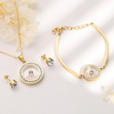 China R.GEM CLASSIC. Real Gold Round Zircon Crystal Earring Necklace Bracelet Girl Jewelry Set for sale