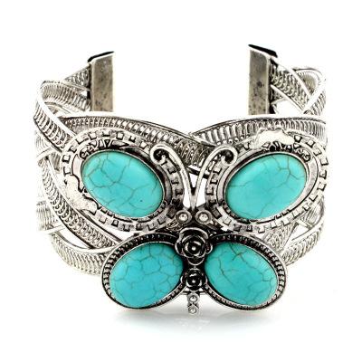 China LA BOHÊME R.GEM. Retro Turquoise Color Stone Metal Ethnic Spring Handwrist Bangle Bracelet For Women for sale