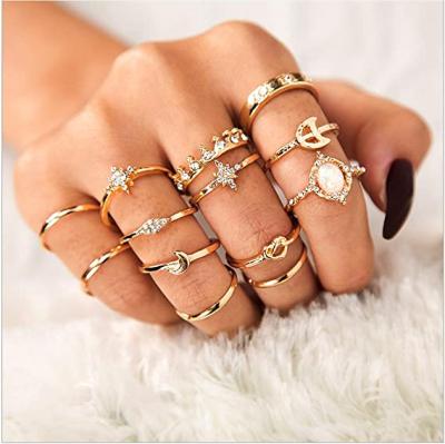 China LA BOHÊME R.GEM. 13 Pcs Womens Knuckle Bohemian Vintage Gem Crystal Joint Knot Ring Gold Girls Sets For Teens for sale