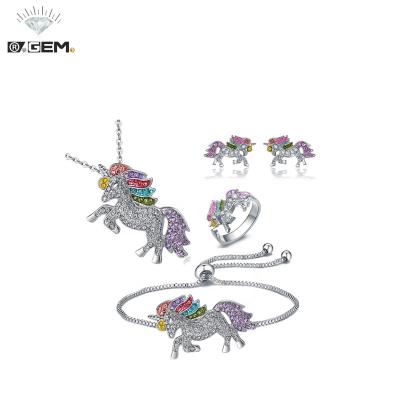 China FASHIONABLE R.Gem. Rainbow Unicorn Necklace Bracelet Earring Ring Fashion Kids Jewelry Set For Girls for sale