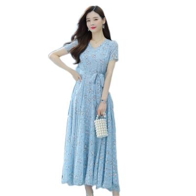 China New Women's Summer Anti-static Fashion Floral Print Chiffon Korean Casual Loose Crew Neck Plus Size Dress for sale