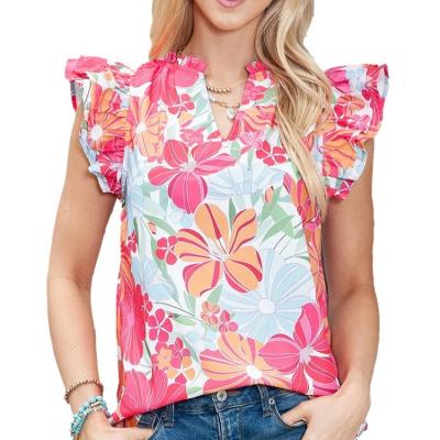 China Anti-pilling Women's Pullover V-neck Ruffled Short Sleeve Top Printed Flower T-shirt for sale