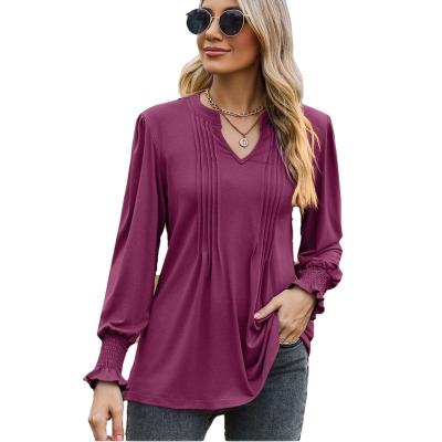 China Anti-pilling 2023  Autumn New T-shirt Cross-border Women's Solid Color Pull Puff Sleeve V-neck Long Sleeve Top for sale