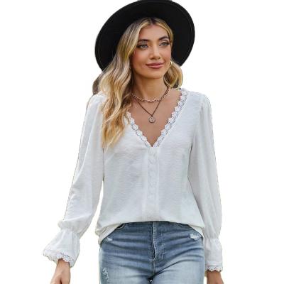 China Breathable Autumn Women Elegant Shirt Long Sleeve  Top Eco Friendly V Neck Lace  Blouse for sale