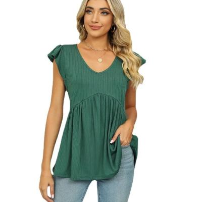 China Anti-wrinkle Women's Solid V-Neck T-Shirt with Ruffle Sleeve and Loose Fit for Casual Wear for sale