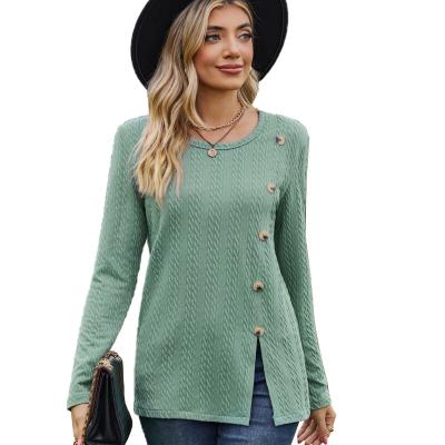 China Anti-wrinkle Women's Solid Long Sleeve Knitted T-Shirt in Wheat Embossed Fabric with Buttons Decoration  for Casual Wear for sale