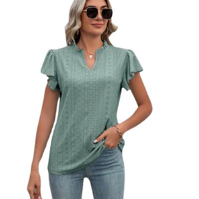 China Anti-wrinkle Women's Solid Color V-Neck T-Shirt with Ruffled Sleeves and Hollow-Out Design for sale