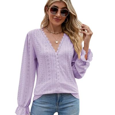 China Anti-wrinkle 2023 Autumn and Winter New Item Solid Color Lace Crochet V-neck Long Sleeve T-shirt for sale