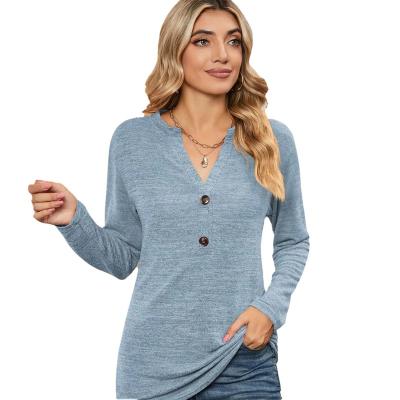 China Anti-wrinkle 2023 Autumn New Item Women's  Casual Deep V-Neck Button Decoration Pit Strip Long Sleeve T-Shirt Top for sale