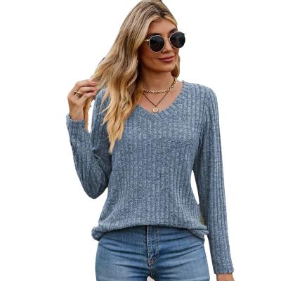 China Anti-wrinkle 2023 Autumn New Item Women's  V-neck Solid Color Pit Strip Top Long Sleeve Stylish T-shirt for sale