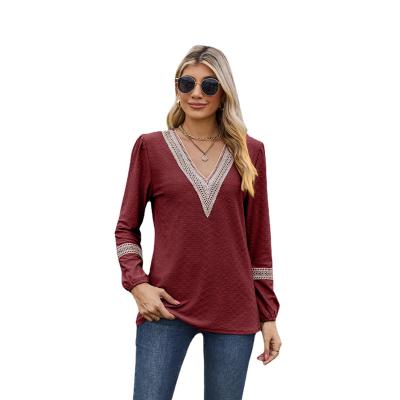 China Anti-pilling New solid lace panel V-neck long-sleeved loose T-shirt Fashionable women's tops for sale