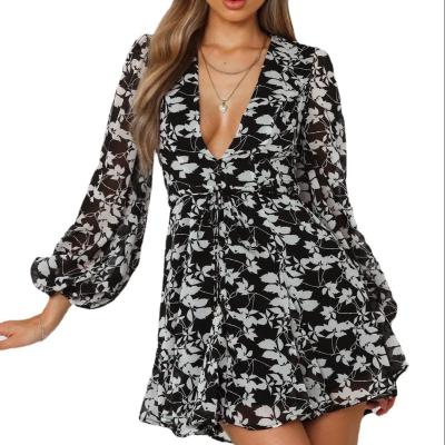 China Anti-Static New Item Women's Sexy Deep V-Neck long  Lantern Sleeve Dress with Printed Flower for sale