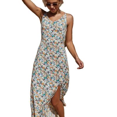 China Anti-Static Womens Vintage-Style Split Floral Slip Dress Sexy Elegant High Waist Ramen V-Neck Slimming Beach Dress for Summer for sale