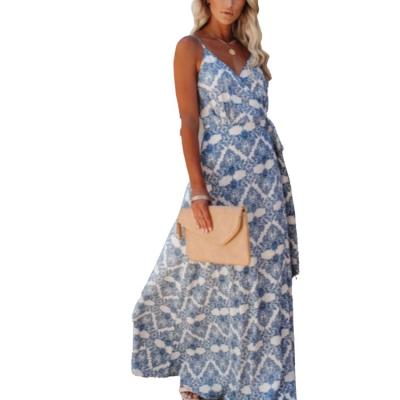 China Anti-Static Women's Vintage Bohemian Deep V Backless Long Slip Dress With Anti-Static Printed Flower Pattern for sale