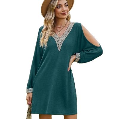 China Anti-Static Autumn Women Fashion Dress  Off-shoulder Strapless Long Sleeve With Side Pocket Lace V Neck Casual Dress for sale