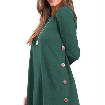 China Anti-Static Multicolor Womens Casual Loose Design Long Sleeve O Neck Button Side  Irregular Hem T Shirt casual Dress for sale