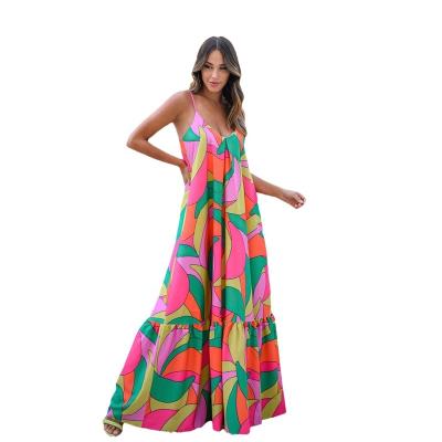 China Anti-Static New Spring and Summer Casual Dresses European American Cross-Border Women's  Bohemian Floral Sling Deep V Backless Long Skirt for sale