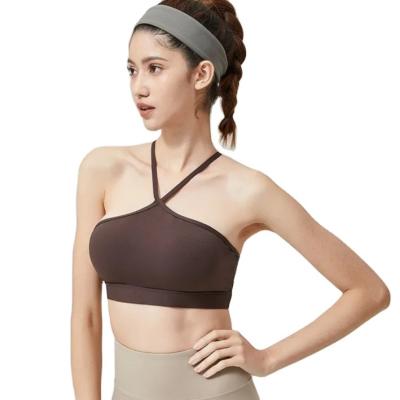 China Breathable New Y-Shaped Sports Bra Halterneck with Backless Design Insert Cup Solid Color V-Neck Yoga Bra for sale