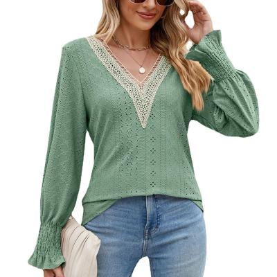 China Anti-wrinkle 2023  Autumn and Winter New Item Solid Color Hollow-out Lace Crocheted V-neck Long Sleeve T-shirt for sale