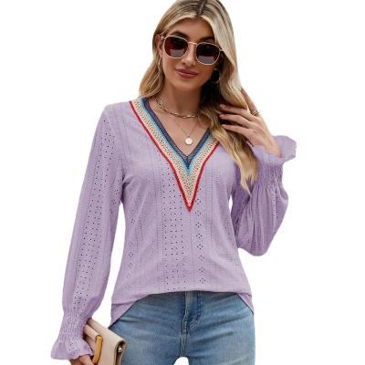 China Other 2023  Autumn and Winter New Item Women's V-neck Hollow-out Color Lace Crochet Ruffled Long Sleeve T-shirt for sale