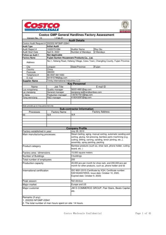 Costco GMP General Hardlines Factory Assessment - Shenzhen Magic Bamboo Industrial Co., Ltd.