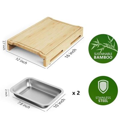 China Tabuleiro de corte de bambu de cor natural, retangular, com bandeja e gavetas para cozinha à venda