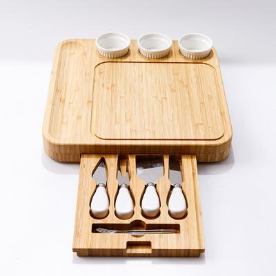 China Bamboo Cheese Board and Knife Set Eco-friendly Charcuterie Board with 3 Ceramic Bowls for sale