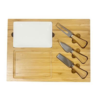 China CE / EU Certified Bamboo Cheese Board Set with Three Cheese Knives and Slate Surface for sale