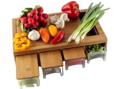 China OEM ODM Natural Bamboo Cutting Board with Multifunction Storage and 4 Plastic Tray Drawers for sale