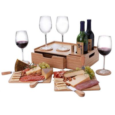 China Customized Logo Acceptable Bamboo Cheese Serving Tray With Storage Drawer and Wine Set for sale