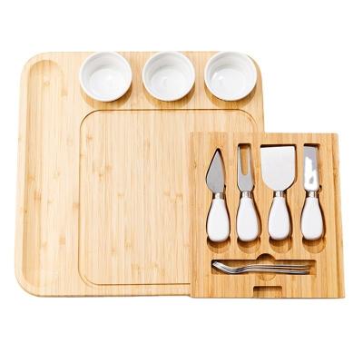 China Rectangle Chopping Blocks and 3 Ceramic Bowls Knife Set Bamboo Cheese Board for Kitchen Pizza Gift for sale