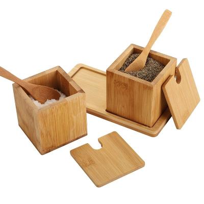 China Caja de almacenamiento de sal, especias y hierbas secas con cuchara de tapa de bambú natural 17x7.1x8.2cm en venta