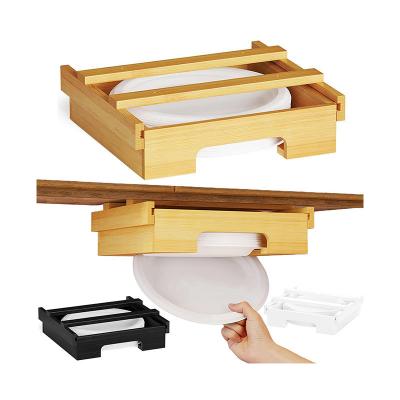 China Adjustable Bamboo Kitchen Shelf Organiser Single Tier Under Cabinet Paper Plate Dispenser for sale