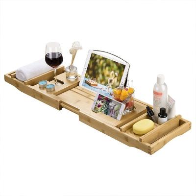 China Extendable Sides Luxury Bamboo Bathtub Caddy Trays for Books Tablets and Wine Glass for sale