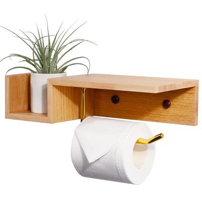 China Sustainable Wall Bamboo Toilet Paper Storage Holder With Shelf for sale