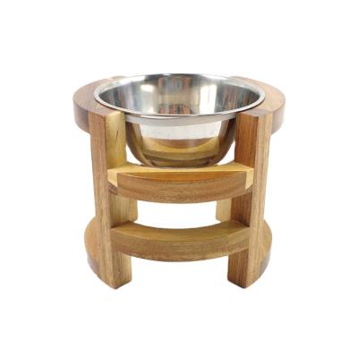 China Make Pet Eat Elevated Bamboo Wooden Pet Food Feeder With Stainless Steel Bowls Single Tier for sale