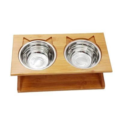 China Non-folding Rack Height Adjustable Raised Bamboo Sublimation Dog Bowls Pet Feeder With Stand for sale