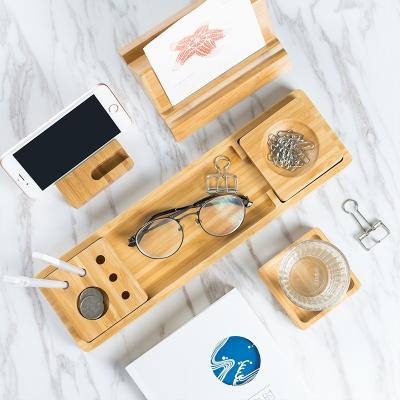 China Sustainable Bamboo Desk Organizer Set With Smartphone Stand Pens And Paper Clips Holder for sale