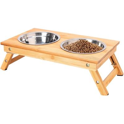 China Single Tier Sustainable Bamboo Foldable Pet Feeder Non-Slip Two Bowls for Sustainable for sale