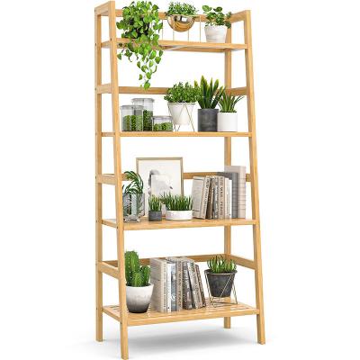 China Freestanding Open Bookcase Bamboo Bookshelf 4-Tier Ladder Shelf for Toilet Paper for sale